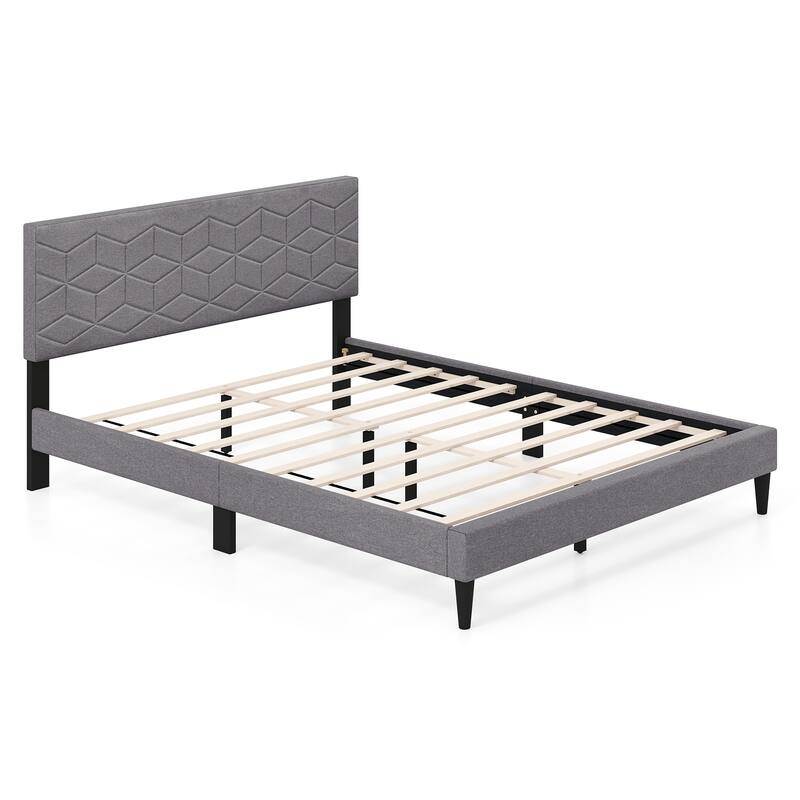 Grey Upholstered Bed Frame with Linen Headboard and Low-Profile Design Box-Spring-Free Setup - Queen