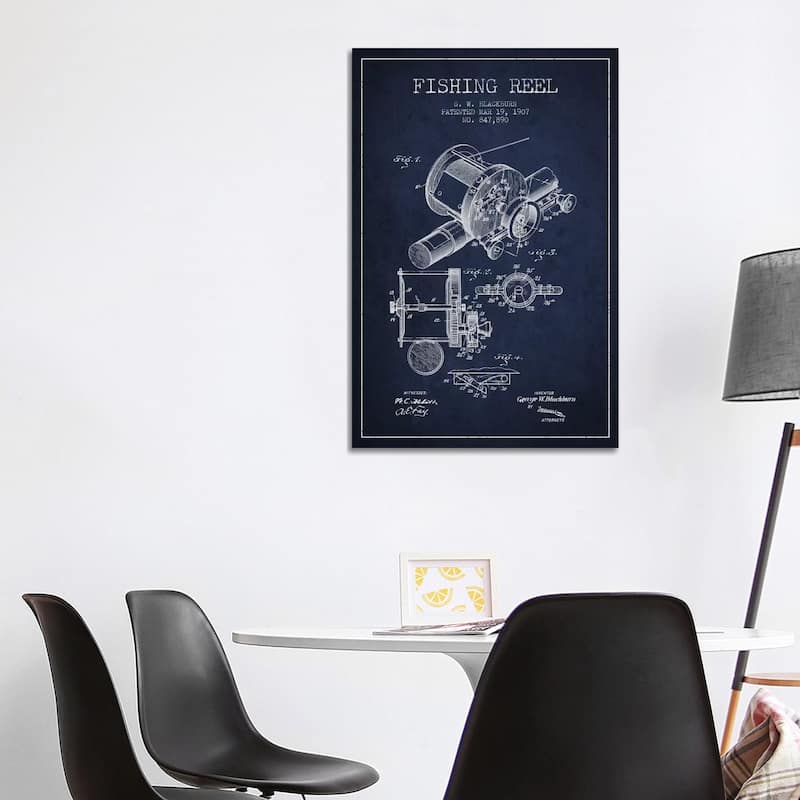 iCanvas "Fishing Reel Navy Blue Patent Blueprint" by Aged Pixel Canvas Print - 40x26x1.5