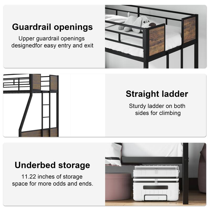 Twin over Full Metal Bunk Beds with Safety Guardrail and 2 Ladders
