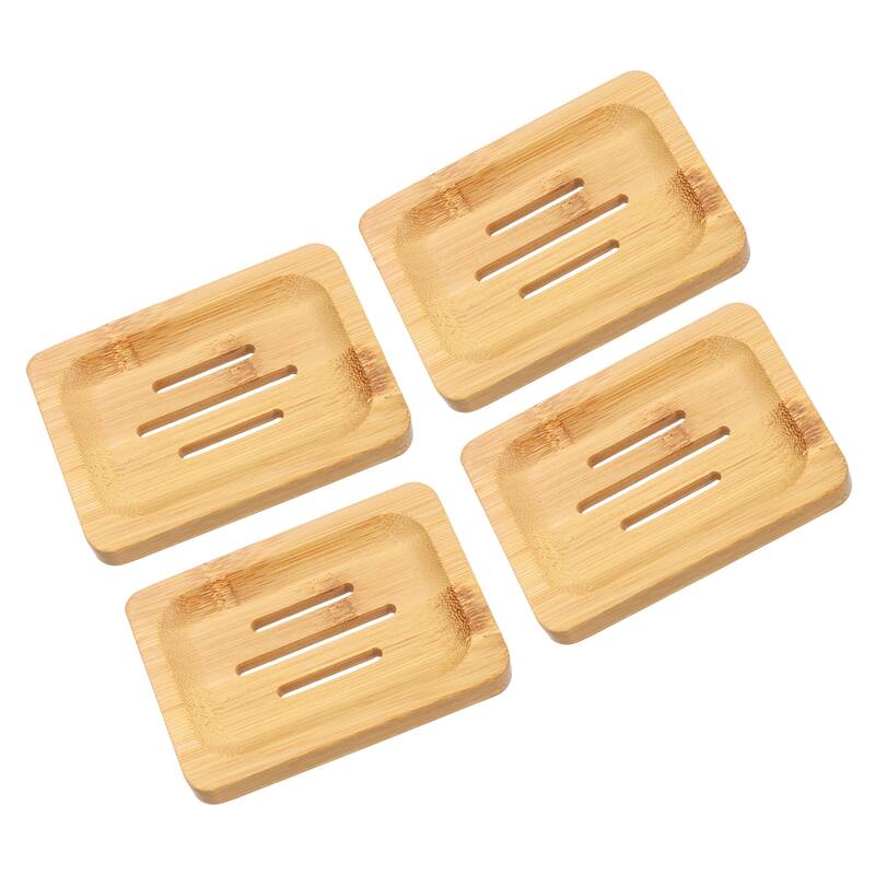 Wooden Soap Dish, Natural Bamboo Soap Tray Self Draining Soap Holder Saver - Wood Color - 4Pcs