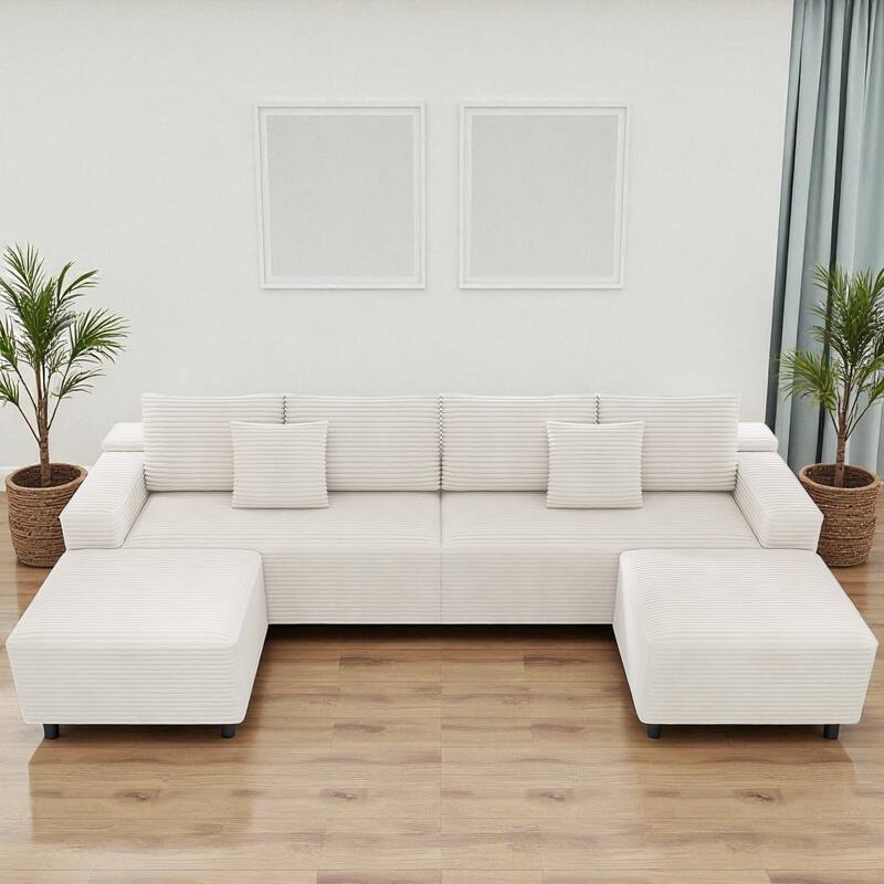 137.8" Modular Sectional Sofa 4-Piece Upholstered Corduroy Couch No Assembly Required, Plush Foam Seating for Living Room