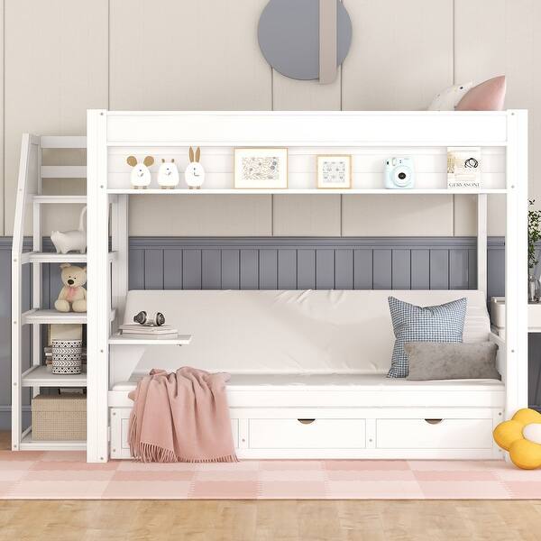 slide 2 of 12, Full Size Bunk Bed with Bedside Table and 3 Storage Drawers, Convertible down Bed with Storage Staircase White