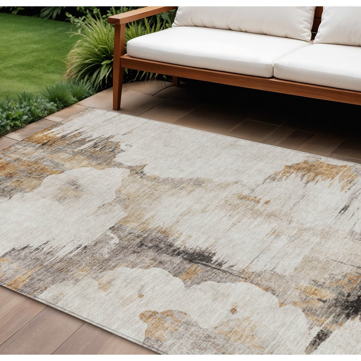 8' X 10' Beige Ivory And Taupe Abstract Washable Indoor Outdoor Area Rug - 9'3" x 12'3"