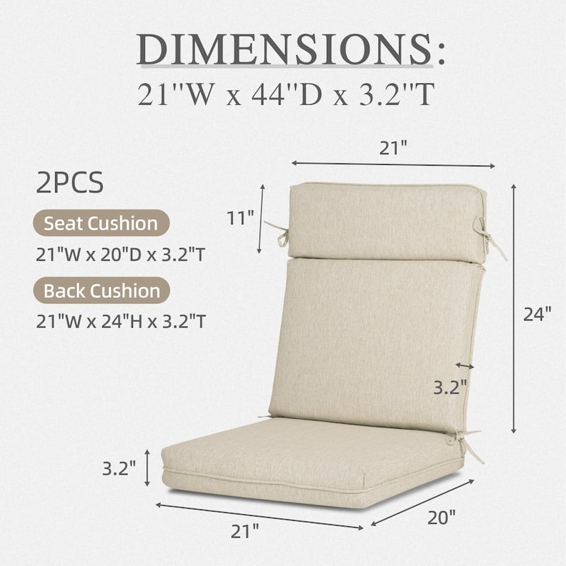 Aoodor Outdoor High Back Dining Chair Cushion Set, 44"x21"x3.2", Set of 2 - 44"x21"x3.2"