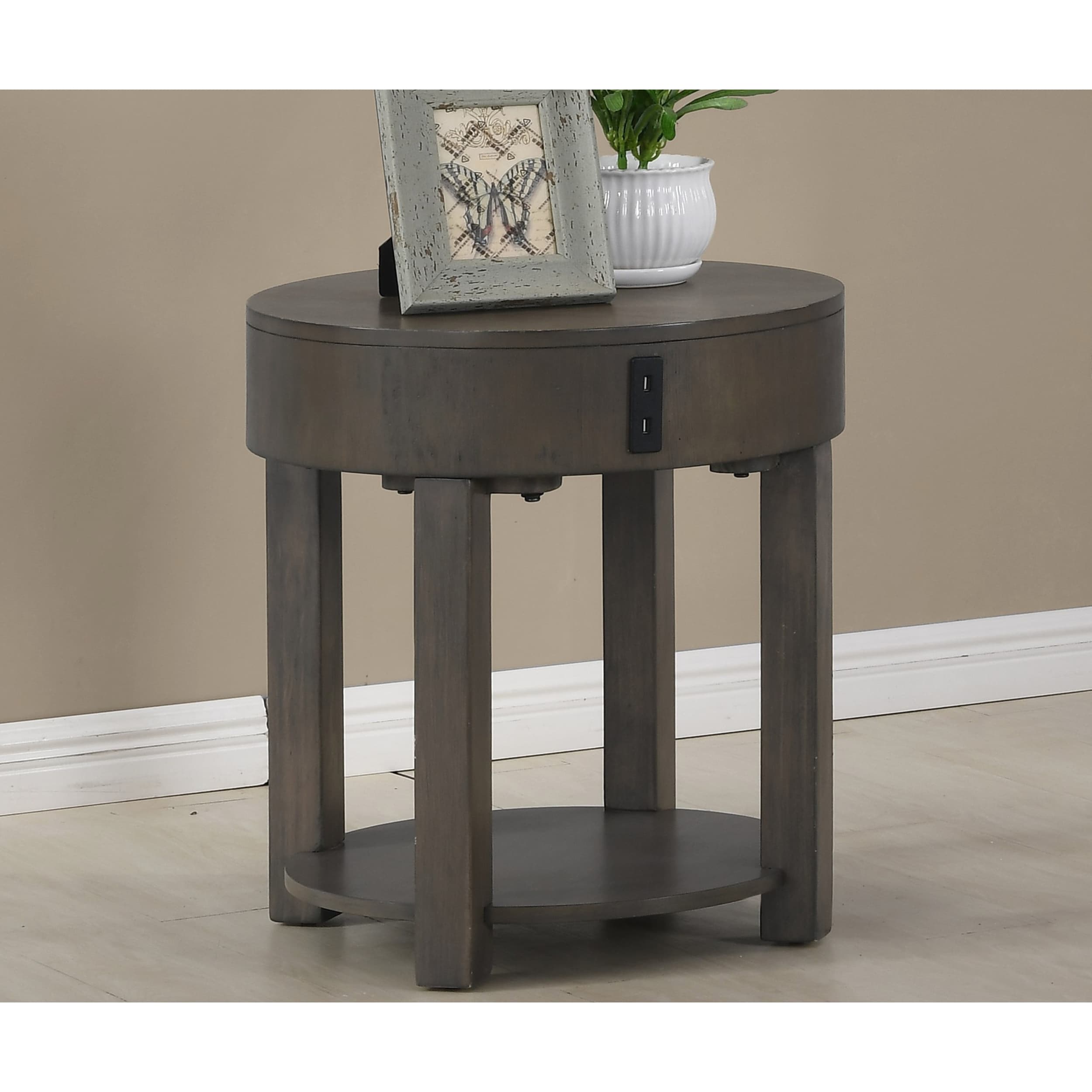 Light Brown MDF End Table with USB Ports