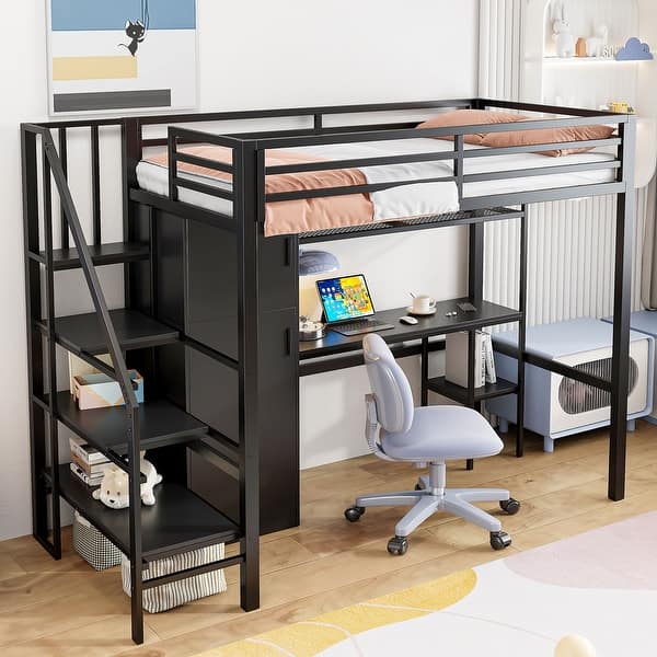 slide 2 of 18, Twin Size Metal Loft Bed With Desk and Shelf, Multi-functional Kids Bed Frame with Wardrobe and Storage Staircase Black