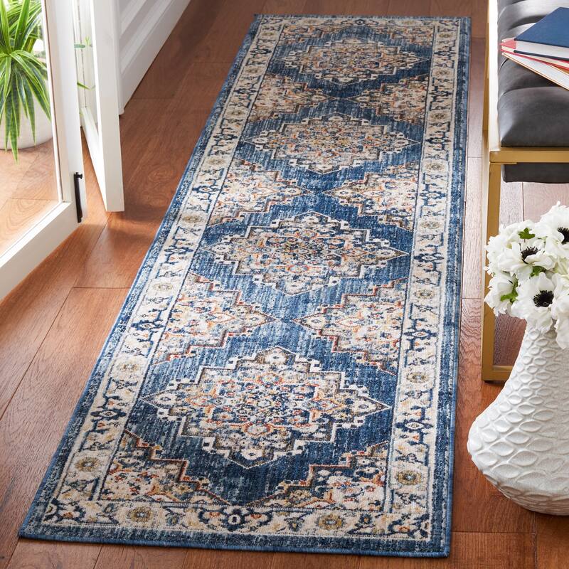 SAFAVIEH, Olympia Desdemona Abstract Rug - 2'3" x 9' Runner - Blue/Beige