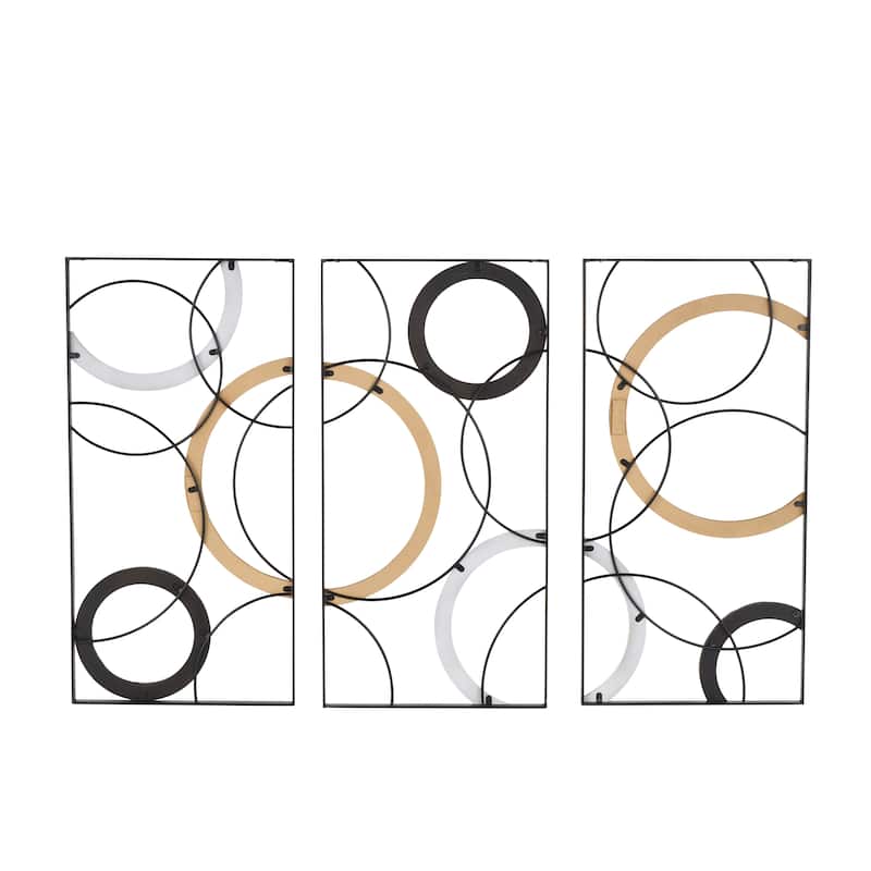 Black Metal Overlapping Circles Abstract Home Wall Decor with Brown and White Wooden Accents (Set of 3)