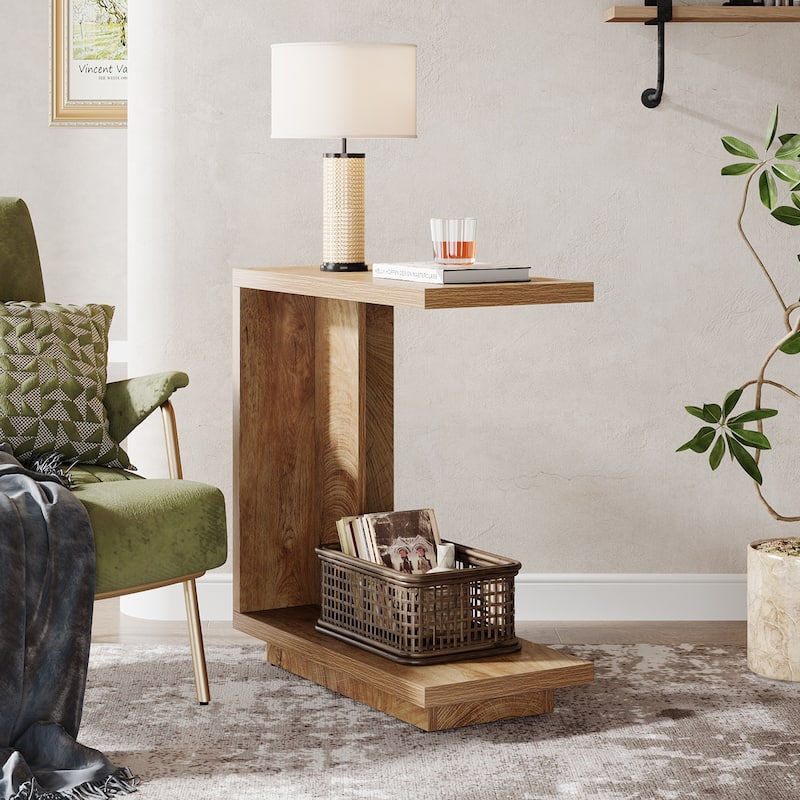 C-Shaped Side Table, 2-Tier Narrow End Table Wood Bedside Table - Bown