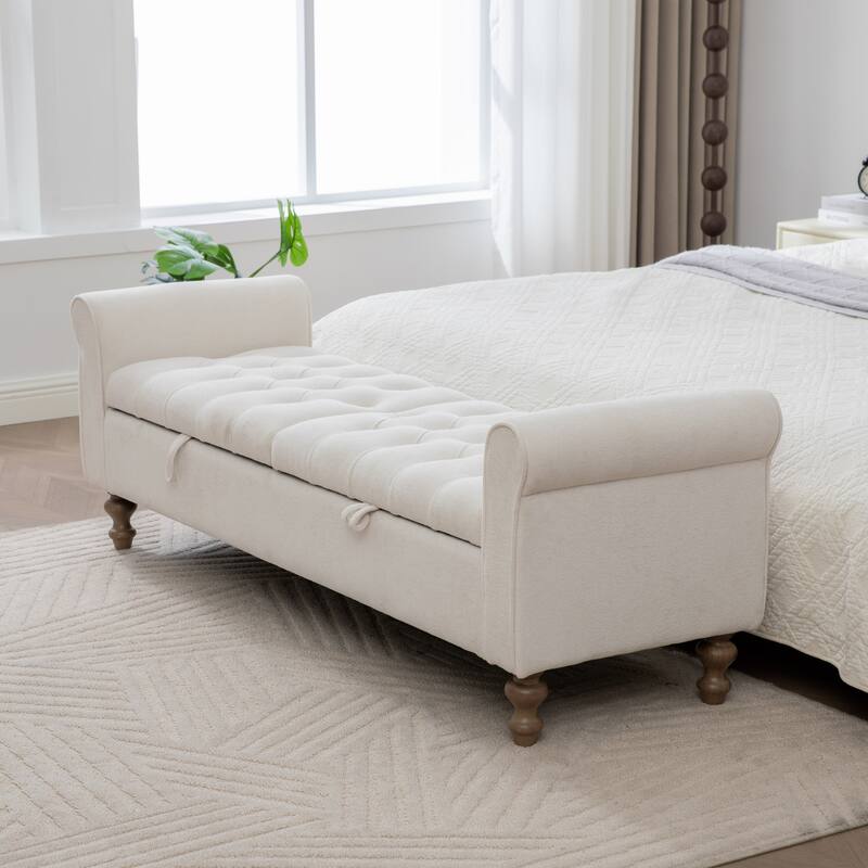 65.7"W Tufted Upholstered Storage Bench With Double Lids,Rubberwood Legs - Beige