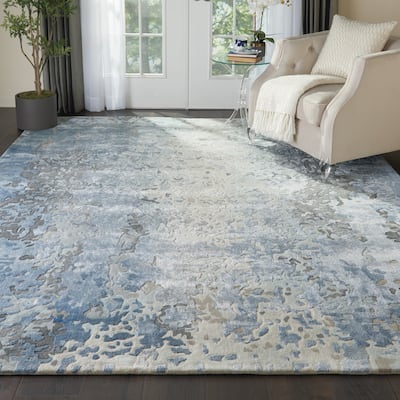 Nourison Prismatic Shimmering Carved Blue Ivory Abstract Area Rug