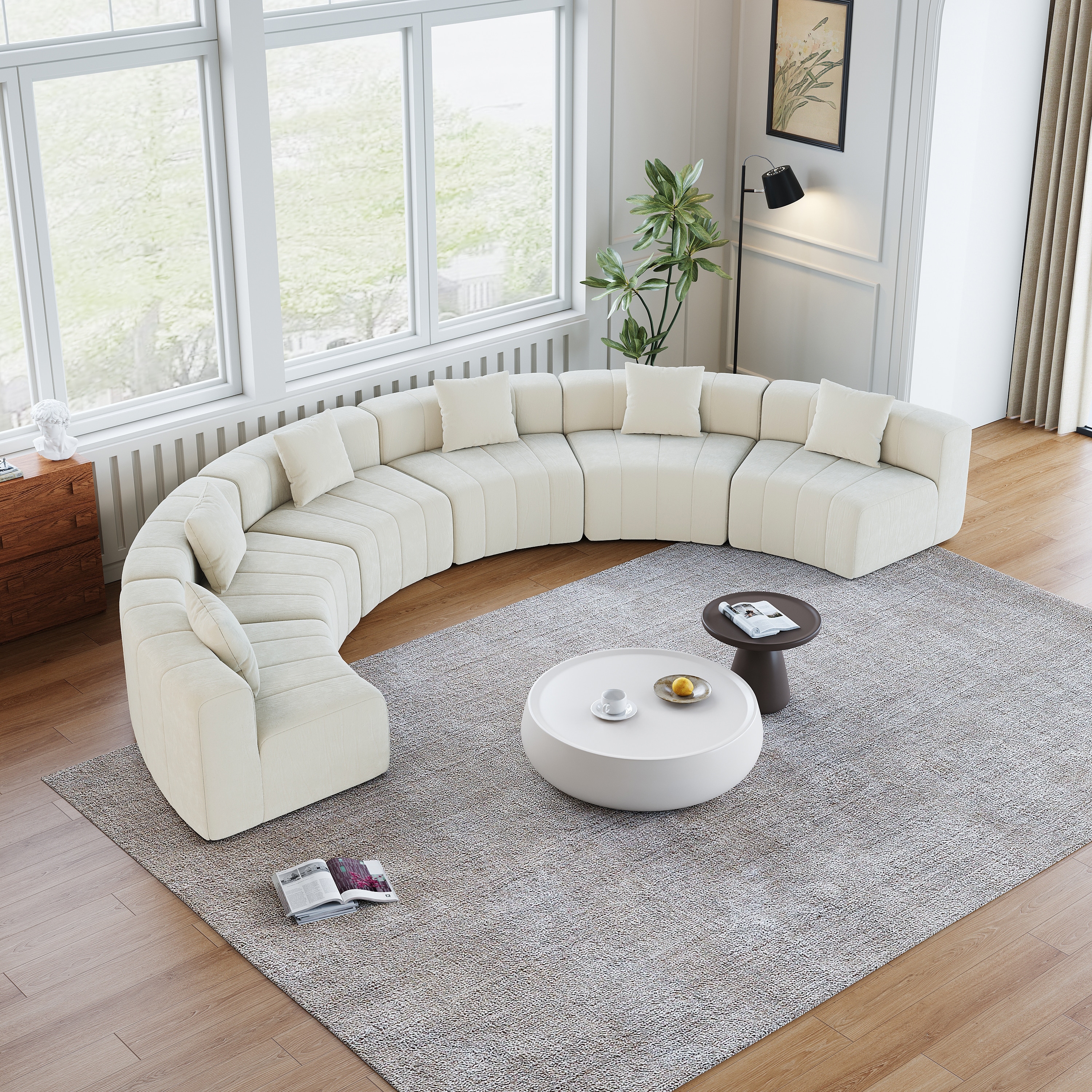 Chenille Curved Sectional Sofa With 6 Pillows,Curved Symmetrical Modular Semi Circular Sofa Sectional