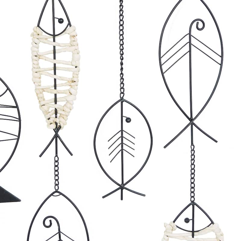 Metal Fish Indoor Outdoor Wire Wall Decor with Rattan Accents - Black - Roche River Decor