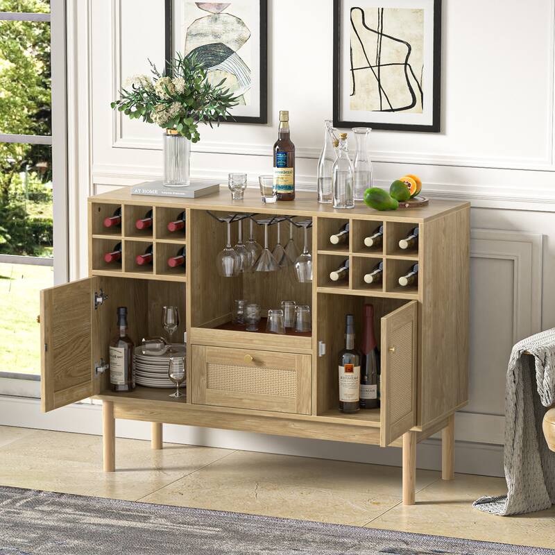 Anmytek Modern 2-Door Natural Oak Buffet Sideboard Wine Bar Cabinet with Drawer and Wine Rack - 43.3"W x 15.7"D x 34"H