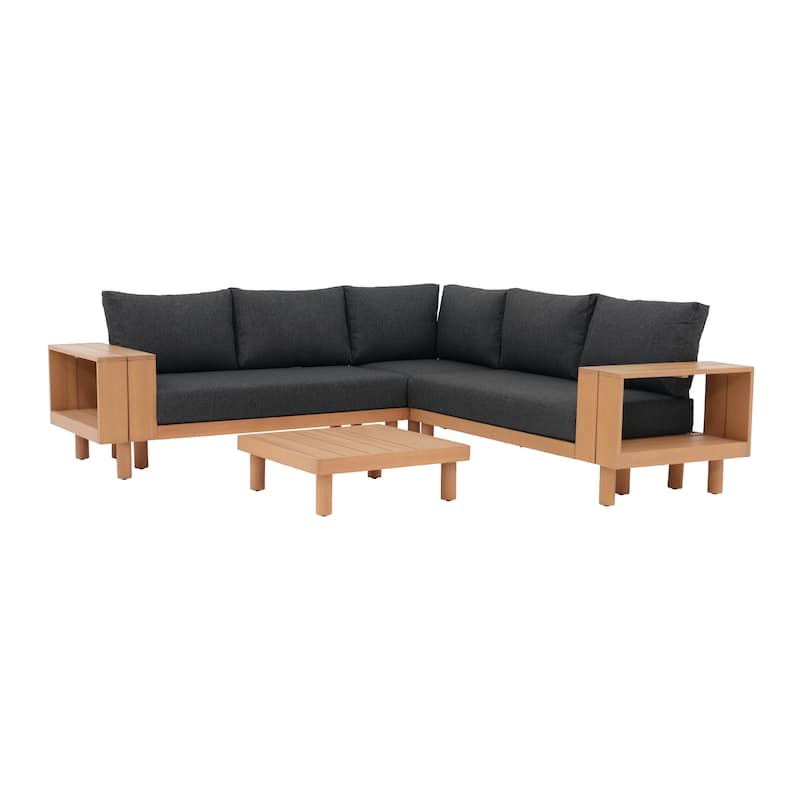Outdoor 4-Piece Conversation Set Solid Eucalyptus Wood L-Shaped Sectional Sofa with Coffee Table