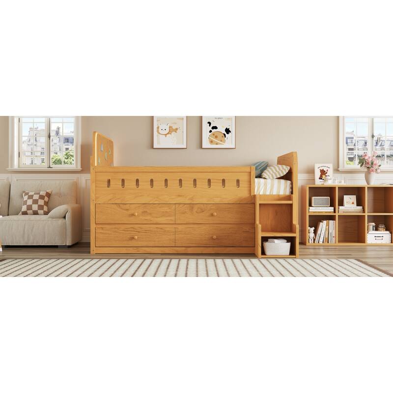 Roomfitters Full Size Wooden Bed with LED Headboard, 4 Storage Drawers and Ladder