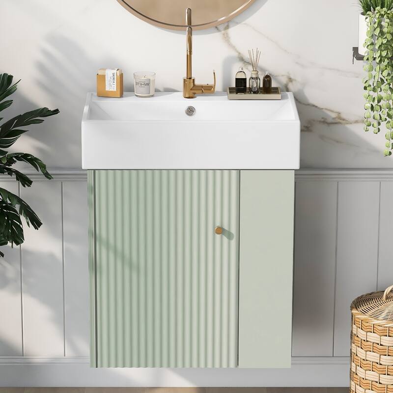 21.6" Floating Bathroom Vanity with Ceramic Basin - Right-Side Storage, Space-Saving for Small Bathrooms