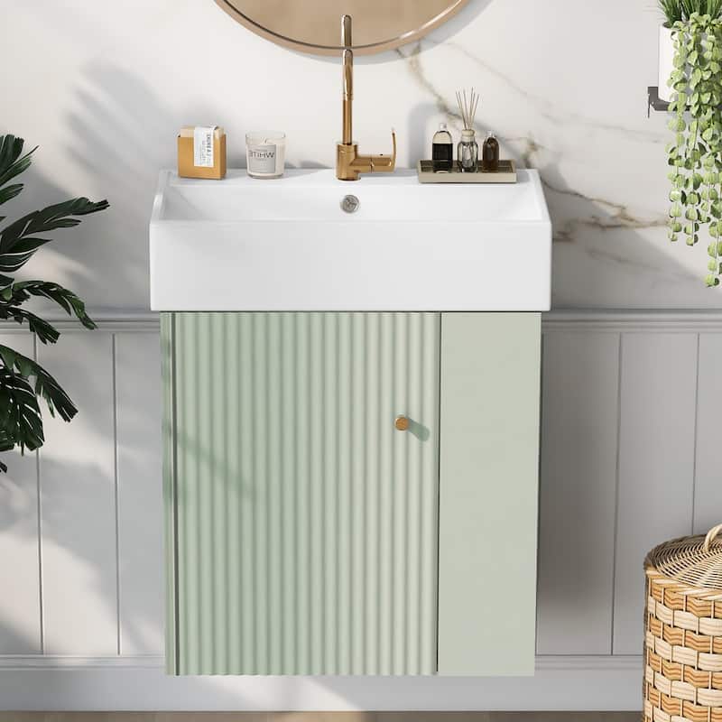 Wall-Mounted Bathroom Vanity Small Space Floating Cabinet with Sink, Wave-Patterned Door, Metal Handle and Right Side Storage