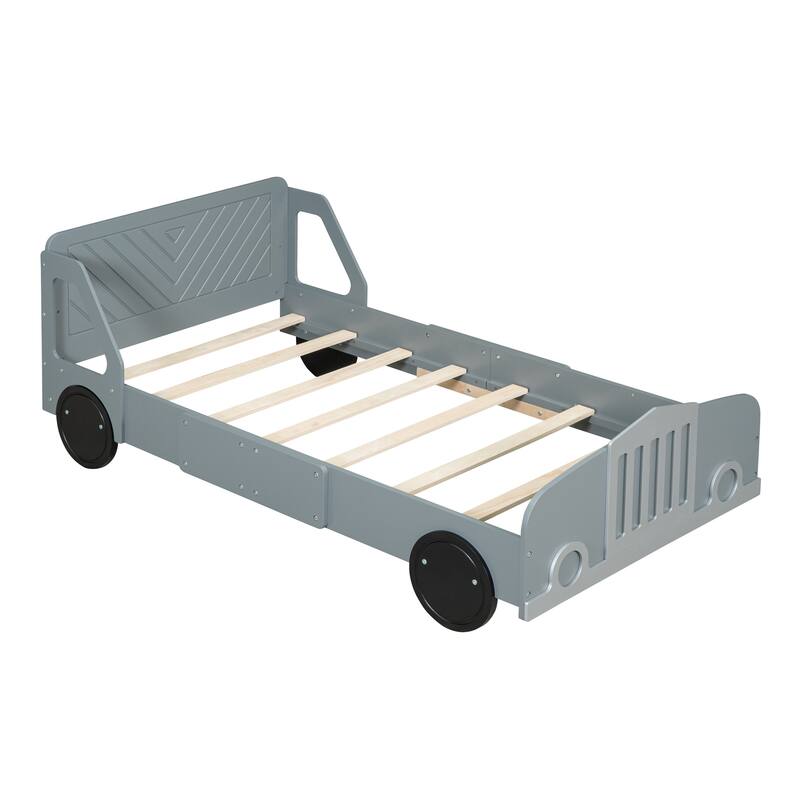 Gray Twin Size CarShaped Platform Bed Frame w/ Wheels Creative Trundle