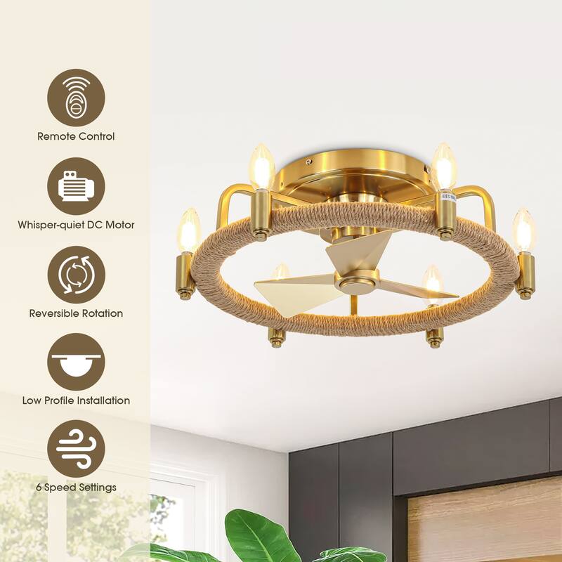 20" Gold Farmhouse Hemp Rope Low Profile Ceiling Fan with Light and Remote - 20.3 in. W × 6.5 in. H