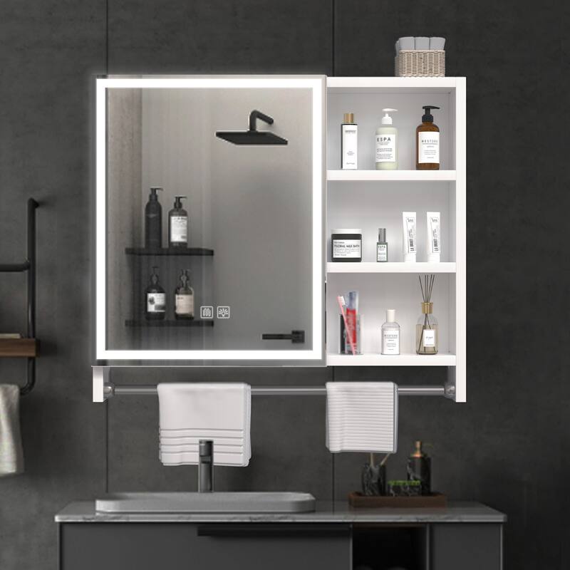 32" x 28" Rectangular Aluminum Surface Mount Medicine Cabinet with Mirror and Towel Rail - 32" x 28" - Mirrored Finish - White
