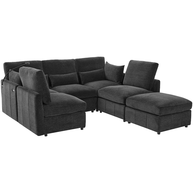 Modular Sectional Sofa with Movable Ottoman Convertible L-Shape or U-Shape Sofa Bed Built-in USB Charging Ports and Phone Holder