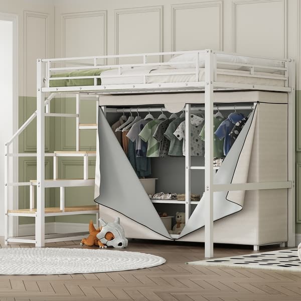 slide 2 of 12, White Full Size Metal Loft Bed with Wardrobe and Storage Shelves for Kids Full - White