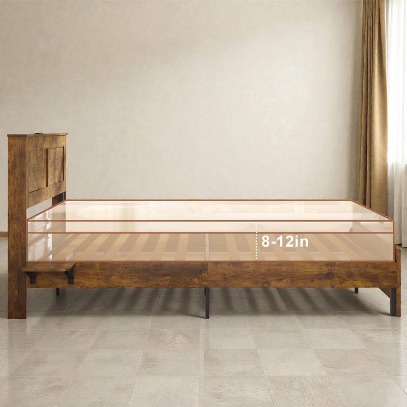 Farmhouse Wood Platform Bed Frame with Storage Headboard, LED Lights and Charging Station, Rustic Brown Bed