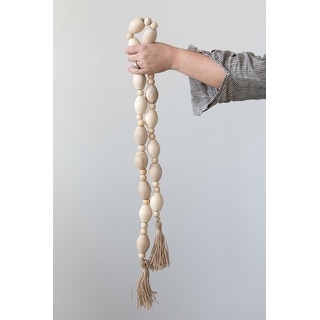 Mango Wood Bead Garland with Jute Tassels - Off-White - 60.0"L x 2.0"W x 1.3"H