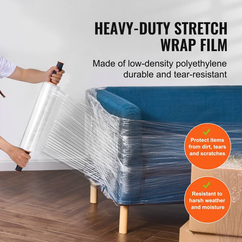 Stretch Film, 80 Gauge Industrial Strength Clear Durable Stretch Wrap Roll, Heavy Duty Shrink Film Stretch Wrap with Handles