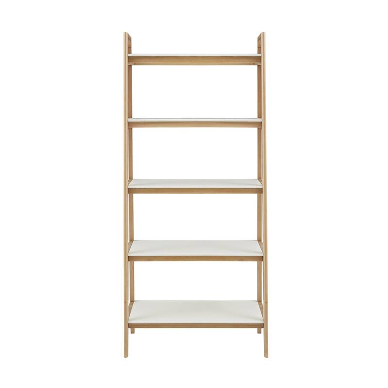 Roomfitters 5 Shelf Bookcase, Tall Narrow Open Shelf with Solid Wood Frame, Mid Century Display Shelf, Off-White