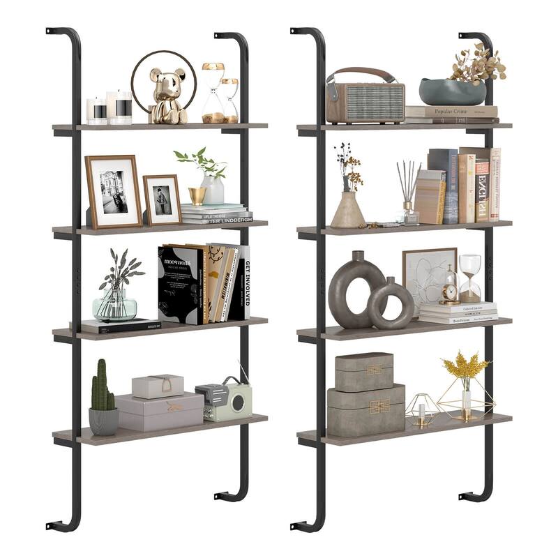 Set of 1/2 Wall Mounted Pipe Shelving Unit 4-Tier Ladder Bookshelf - Grey Oak - 2 pcs