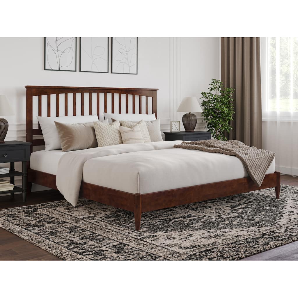 King Size Wood Platform Bed - Low Profile Modern Bed Frame Walnut Finish