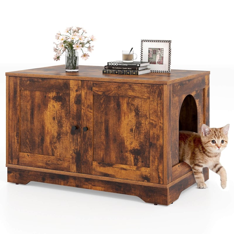 Costway Cat Litter Box Enclosure Furniture with Double Doors Divider - See Details - Brown