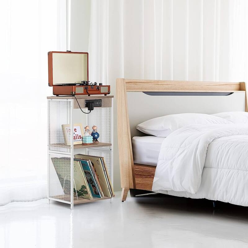 Vinyl Record Storage Table with Album Storage Power Outlet