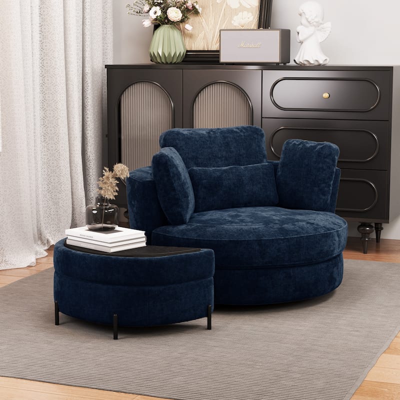 Modern Chenille 360° Swivel Accent Barrel Chair and Storage Ottoman