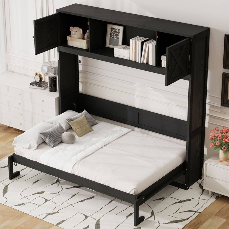 Full Size Murphy Bed with Storage Cabinets, Modern Design Folding Bookcase Bed Frame with Open Shelf