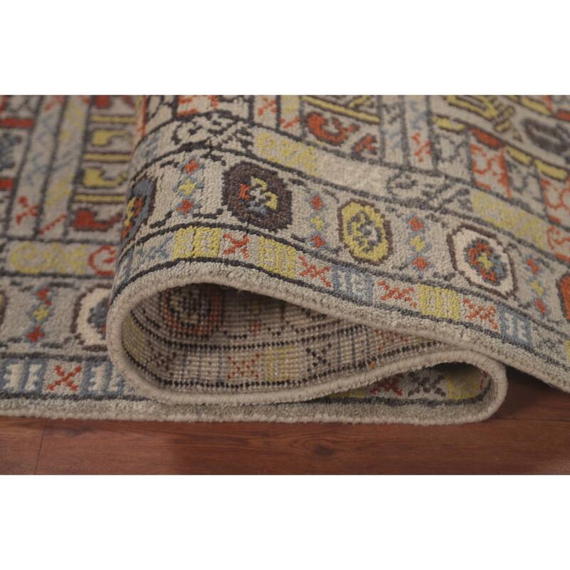 Tribal Beige Geometric Khotan Runner Rug Hand-Knotted Wool Carpet - 2'5"x 10'0"