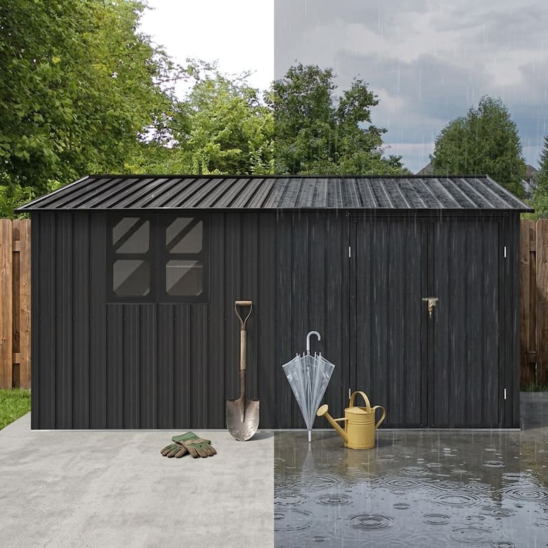 12x10 ft Metal garden sheds outdoor storage sheds black with window with Goods Shelves