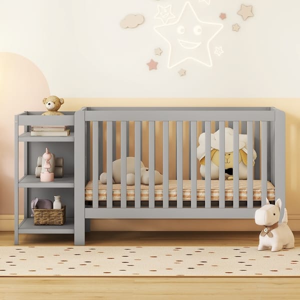 2-in-1 Gray Convertible Crib and Changer for Toddler Full Wooden