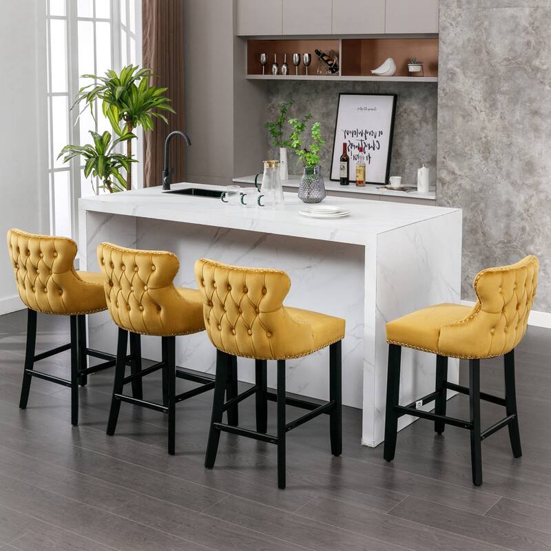 Velvet Upholstered Wing-Back Barstools Set of 4