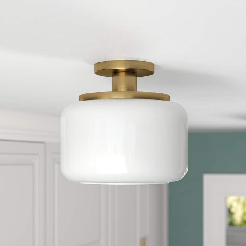 Tatum 11" Wide Semi Flush Mount with Glass Shade - Brushed Brass with White Glass
