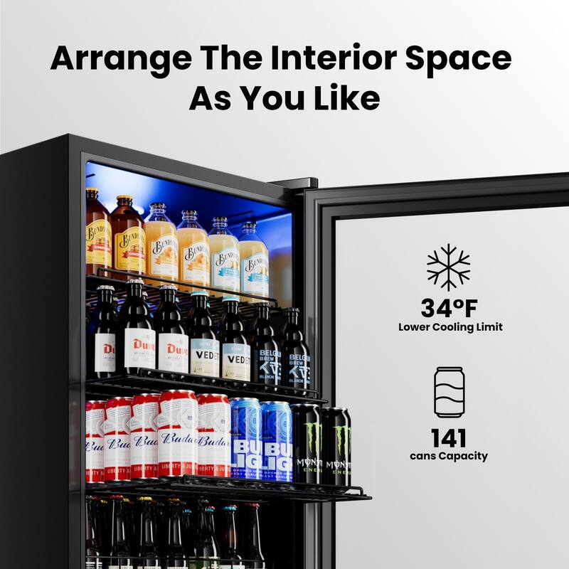 141-Cans Beverage Cooler, Mini Fridge with Adjustable Shelves