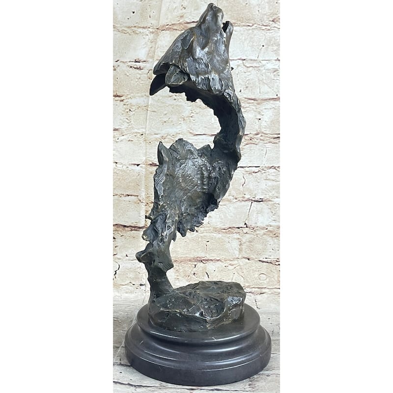 Signed Original Kanaev Two Wolves Imitative Wolf Head Wildlife Bust Bronze Sculpture Gift