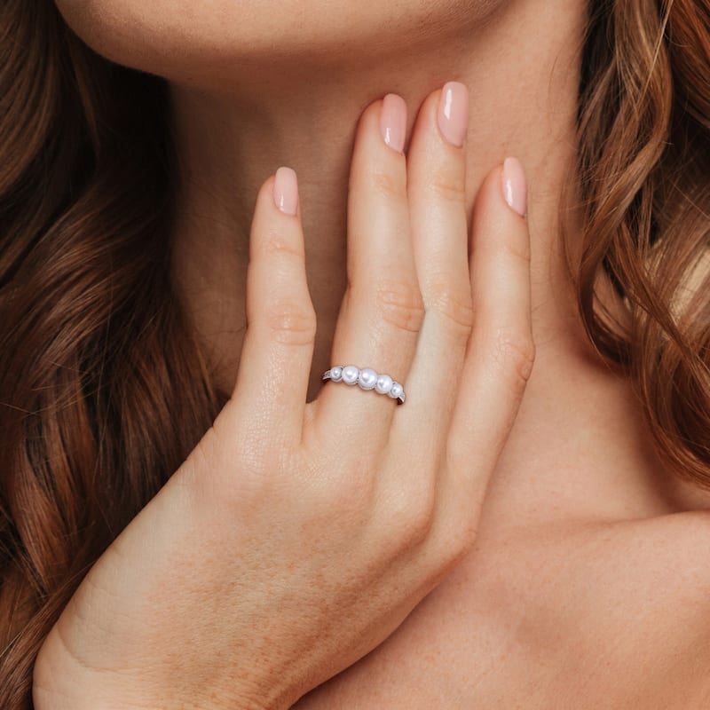 Miadora Cultured Freshwater Pearl and Diamond Accent Halo Five Stone Ring in 14k White Gold