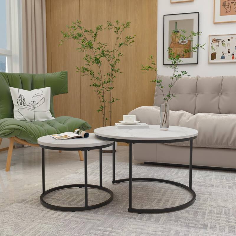 Modern Nesting Coffee Table Round Coffee Table Side Table, 2-Piece Set with Base, for Living Room, Brown