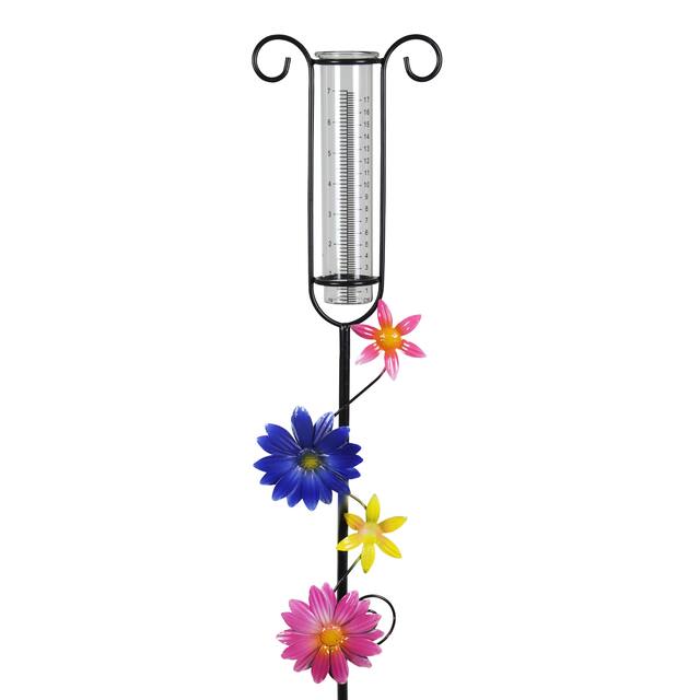 Exhart Glass and Metal Rain Gauge Garden Stake with Hand Painted Pink, Blue, Yellow and Purple Flowers, 42 Inches