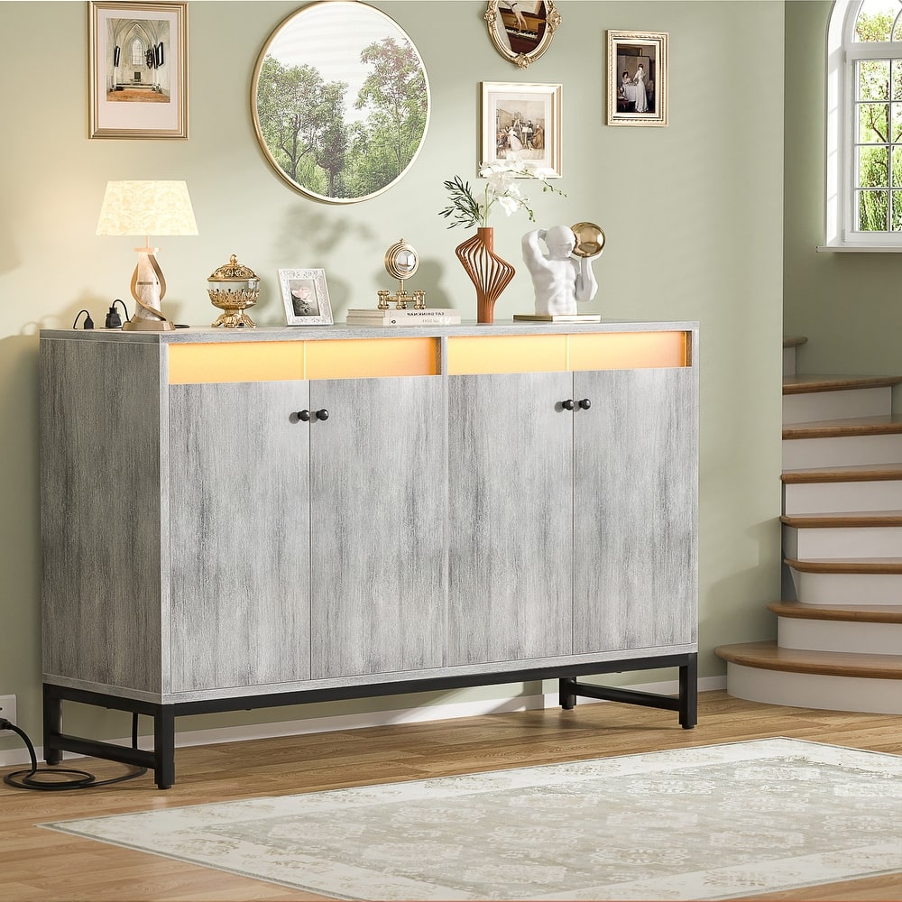 4 Doors Accent Cabinet with Power Outlet, Buffet Cabinet Storage Bar Cabinet with LED Light