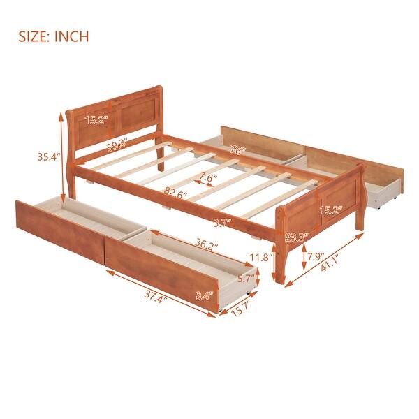 dimension image slide 3 of 4, Twin Size Wood Platform Bed with 4 Drawers Storage Bed for Kids, Teens