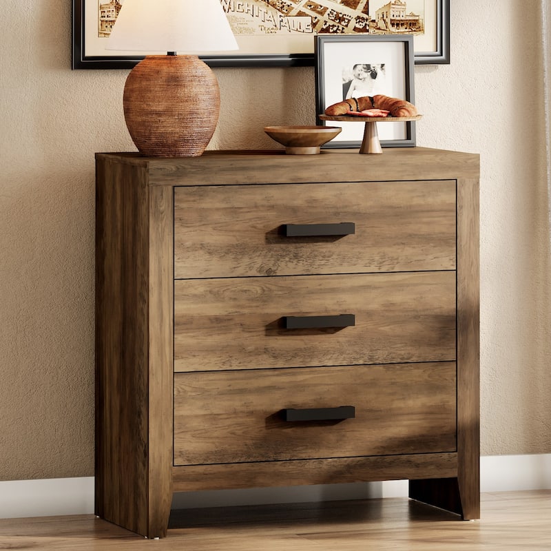 WAMPAT Farmhouse 3-Drawer Dresser, Wooden Chest of Drawers, Modern Storage Organizer & Nightstand for Bedroom, Living Room - Brown - 3-drawer